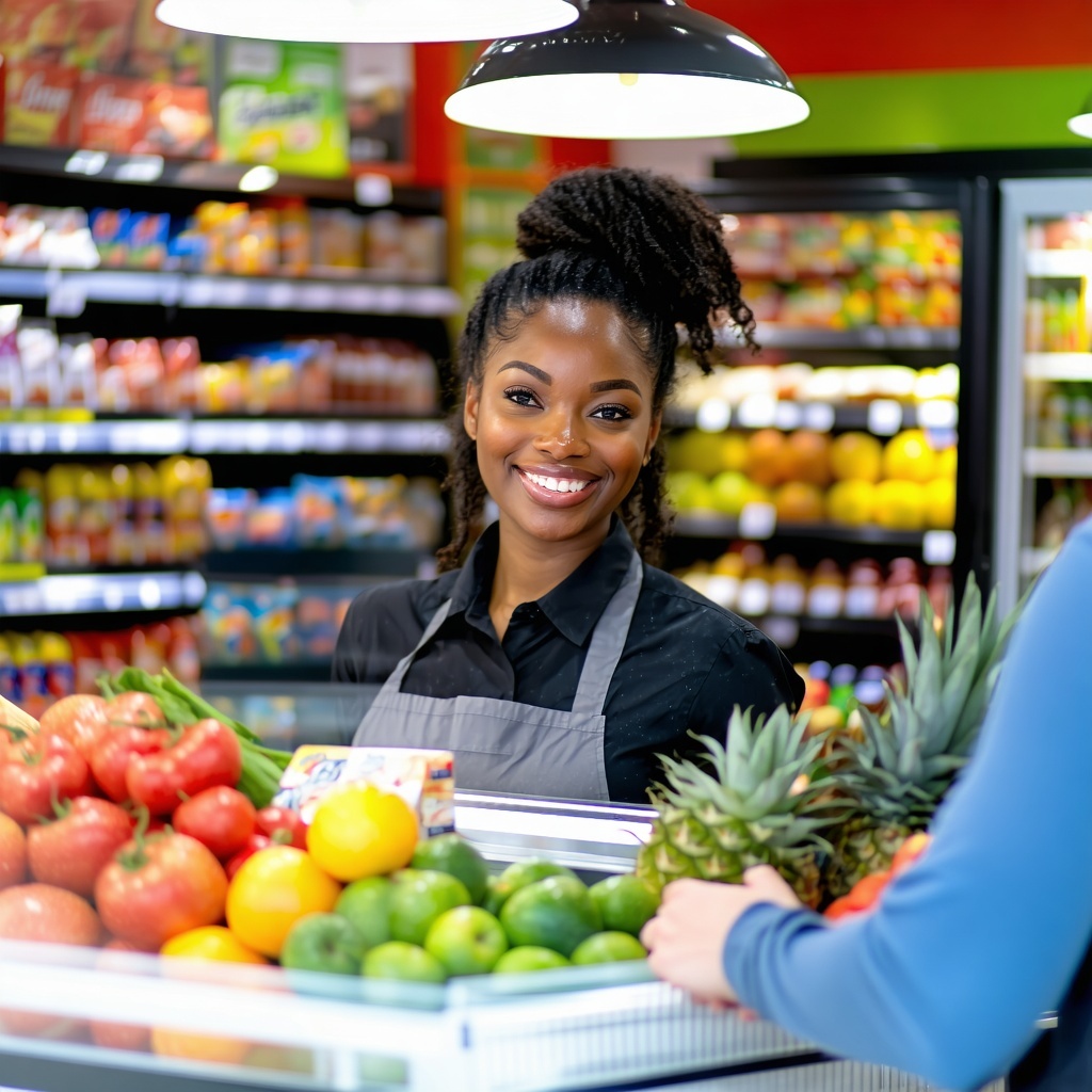 A black supermarket employee behind a counter selling to a customer with a smile in her face