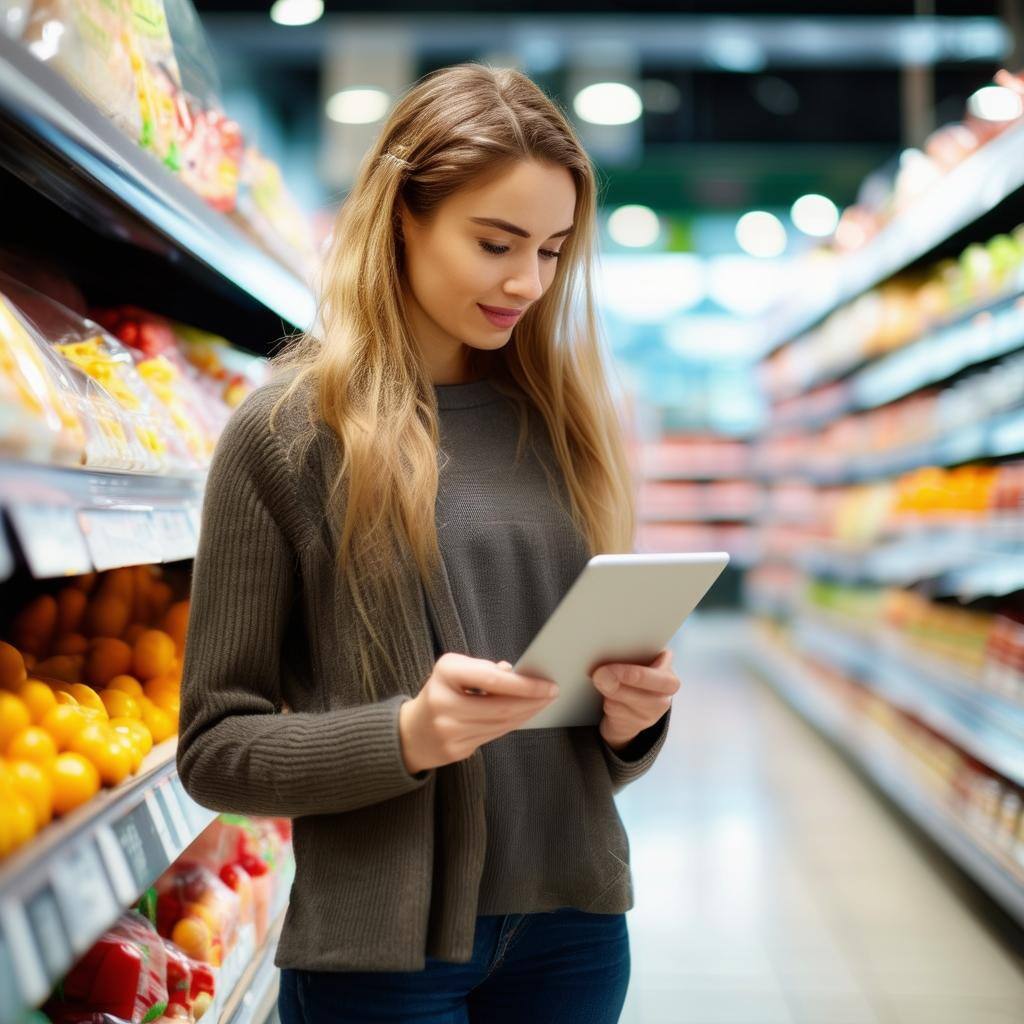 Woman holding a tablet on a supermarket aisle